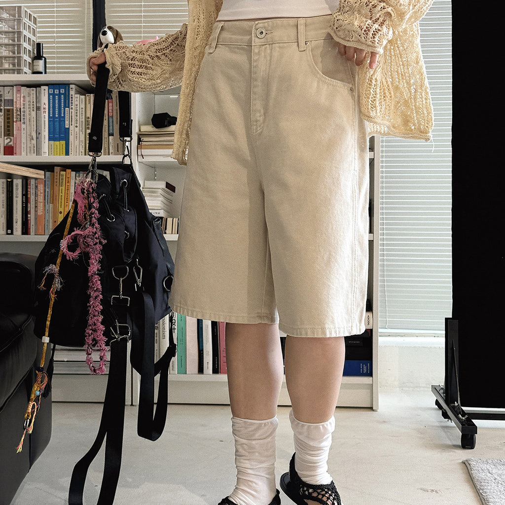 High Waist Loose Fit Denim Bermuda Shorts