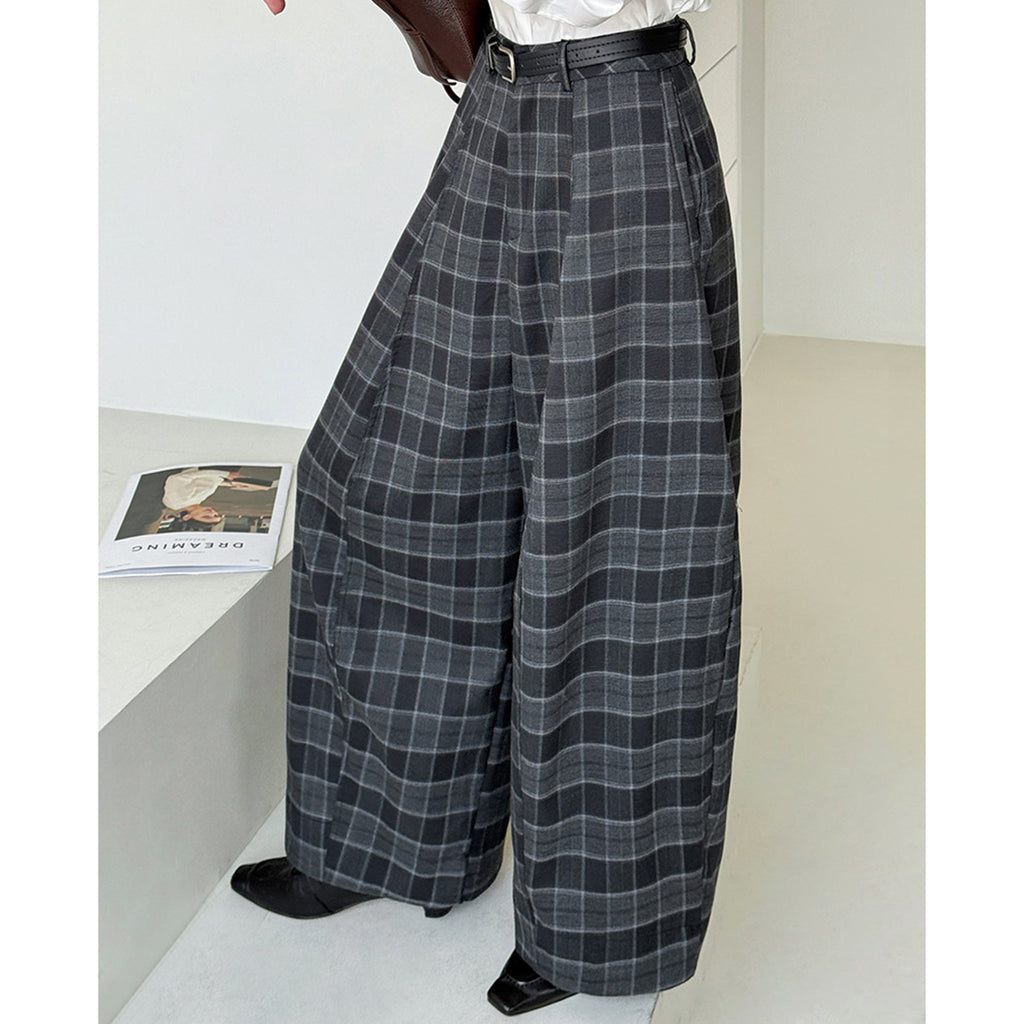 High waisted casual loose plaid wide leg pants
