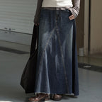 Vintage high waisted slightly fringed denim long skirt