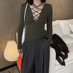 Cross tied V-neck knitted slim fit long sleeve top