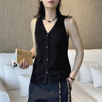 Sleeveless V-Neck Knit Button Vest Top