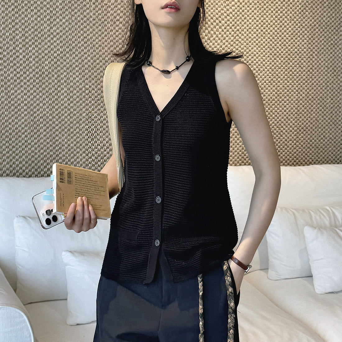 Sleeveless V-Neck Knit Button Vest Top