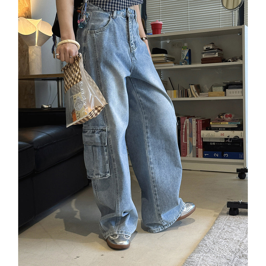 cargo wide leg jeans high waist loose fit vintage wash denim pants