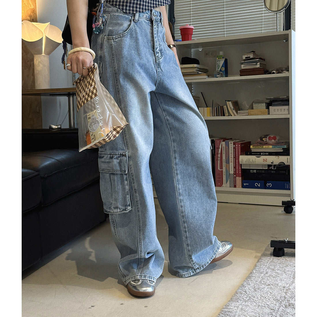 cargo wide leg jeans high waist loose fit vintage wash denim pants