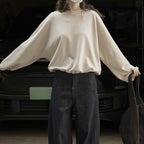 Round neck hem pleated long sleeved top sweatshirt