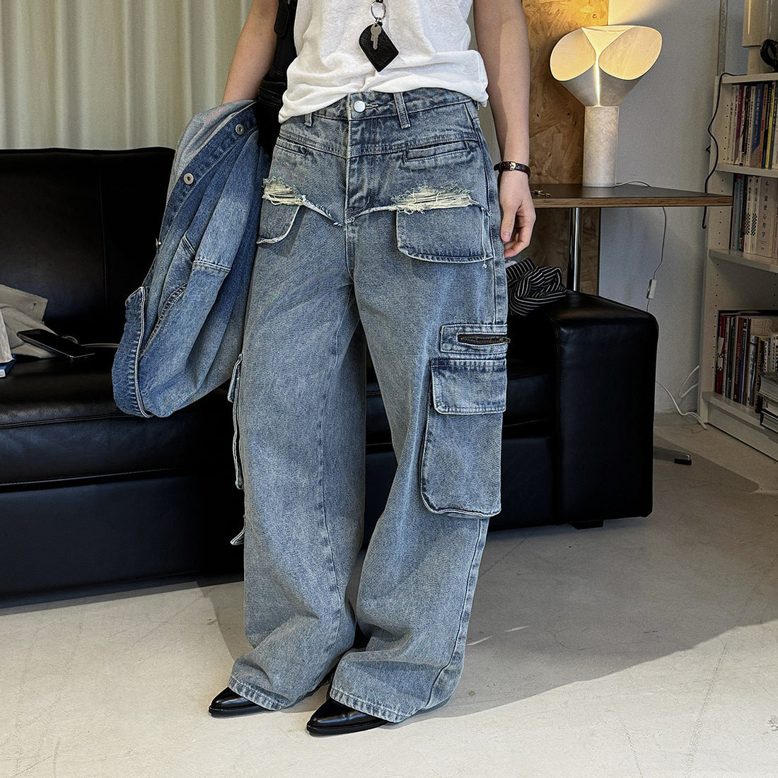 Retro ripped multi pocket loose silhouette jeans