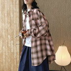 Vintage pink plaid oversized cotton shirt women loose casual long sleeve blouse