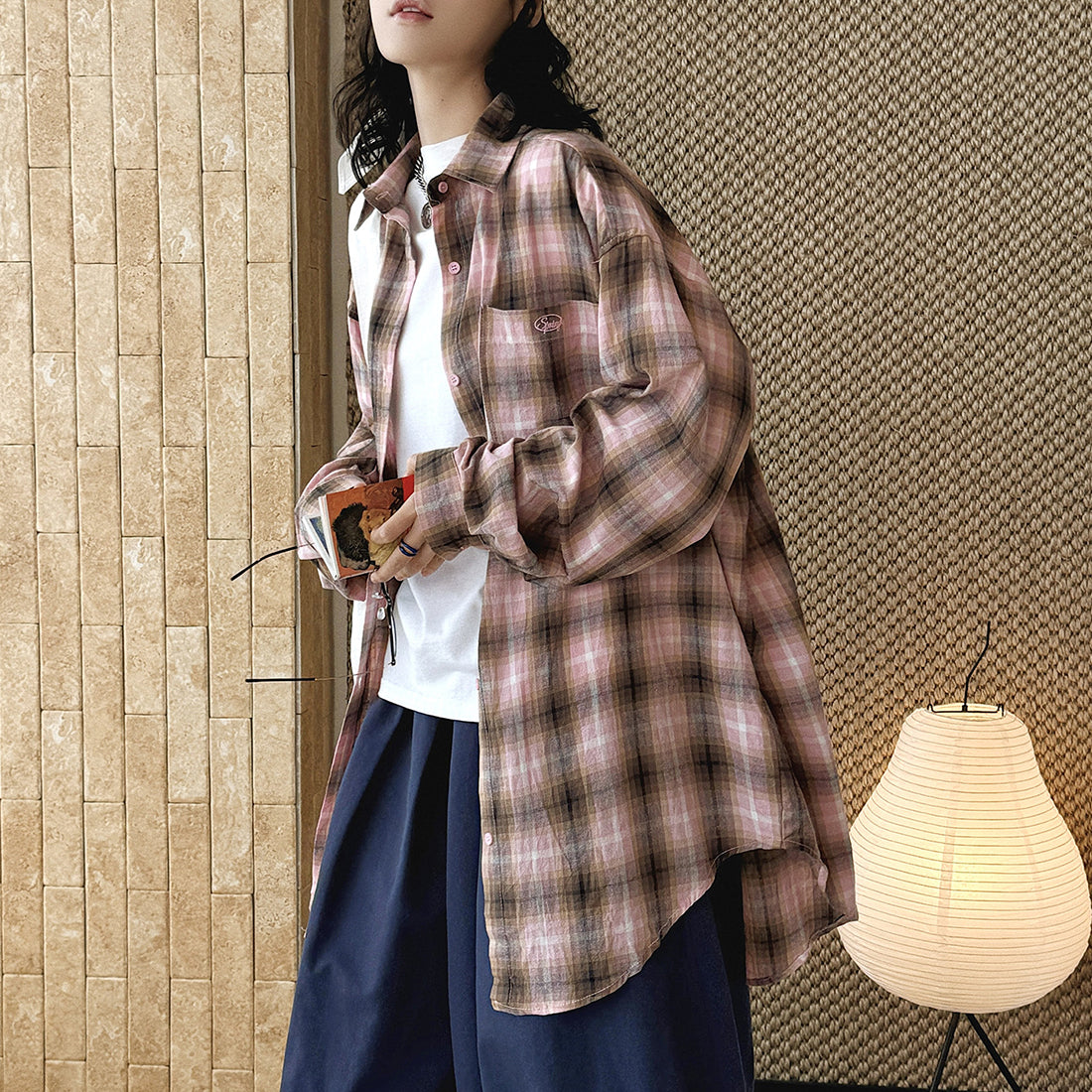 Vintage pink plaid oversized cotton shirt women loose casual long sleeve blouse