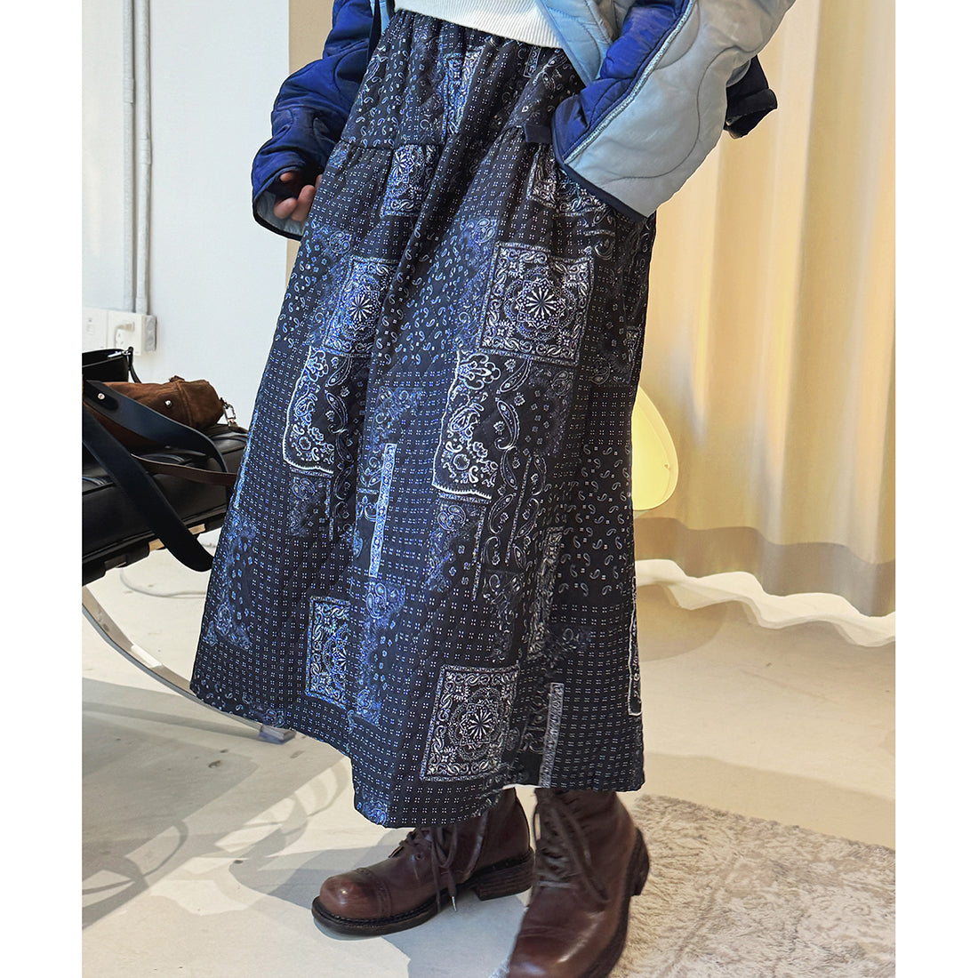 Retro Cashew Flower Splicing Elastic Waist Loose Skirt