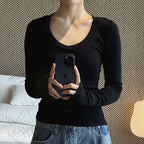 V-neck slim fit solid color long sleeved T-shirt top