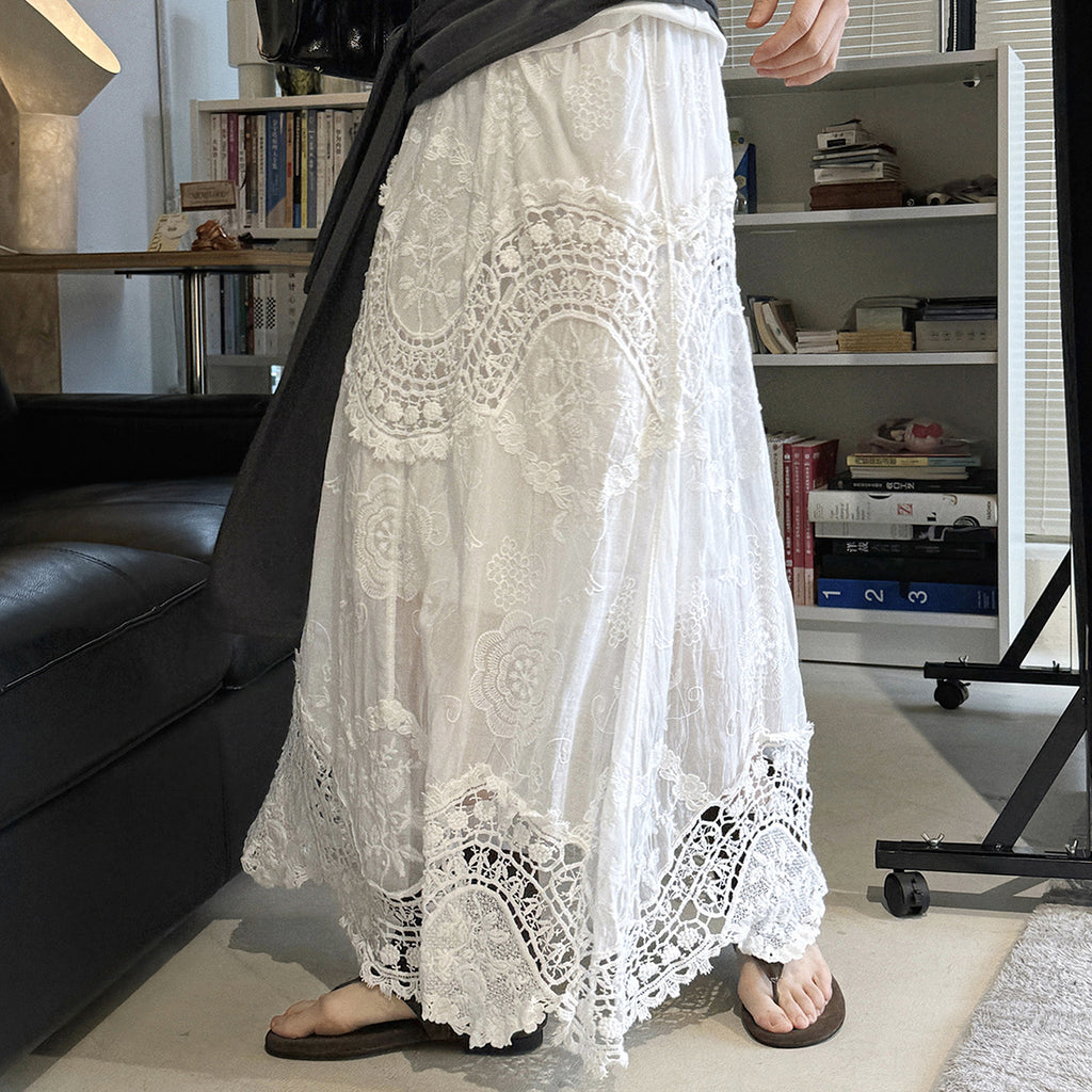 Boho lace embroidered maxi skirt with flowy silhouette and soft lining