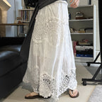 Boho lace embroidered maxi skirt with flowy silhouette and soft lining