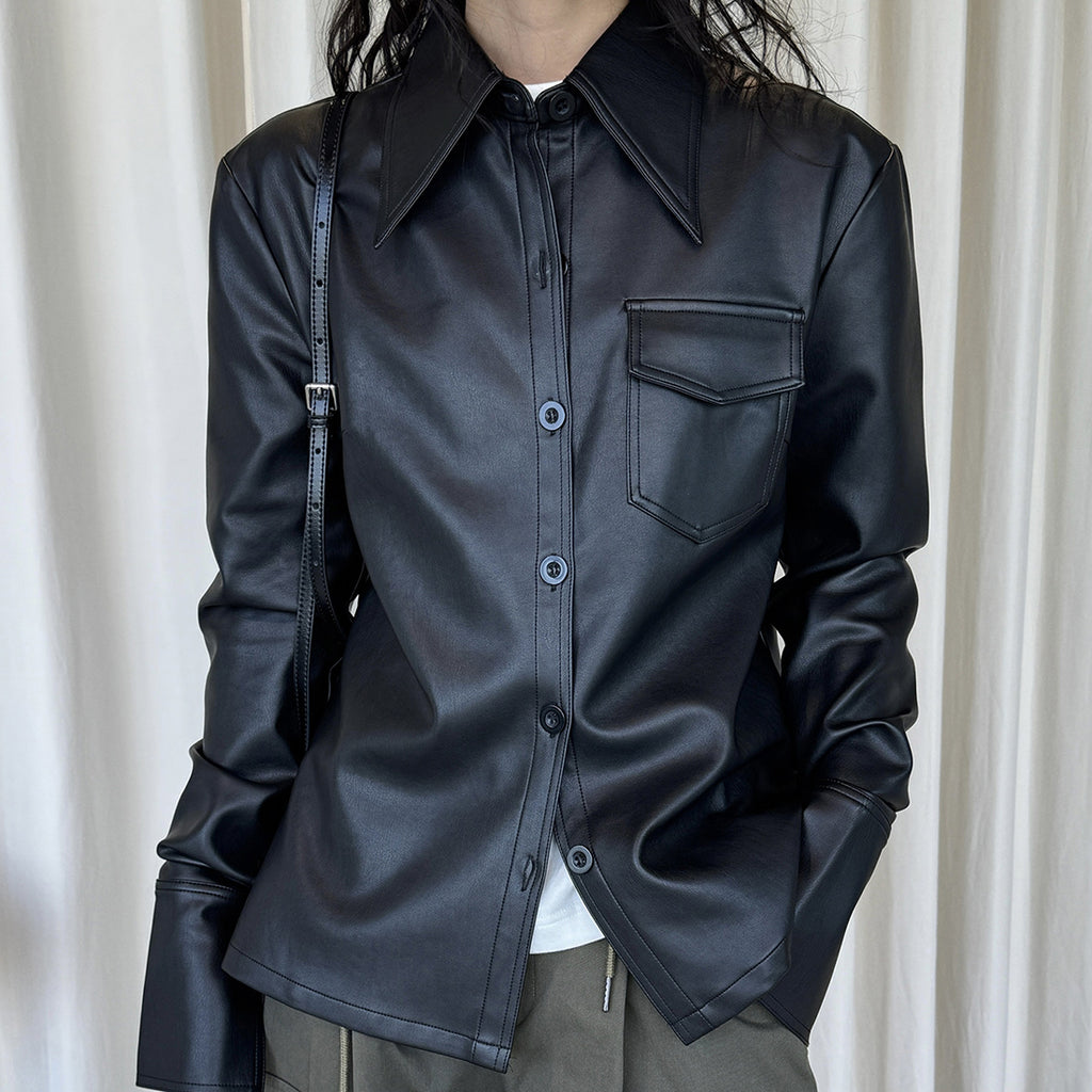 Big collar PU leather button jacket top