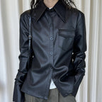 Big collar PU leather button jacket top