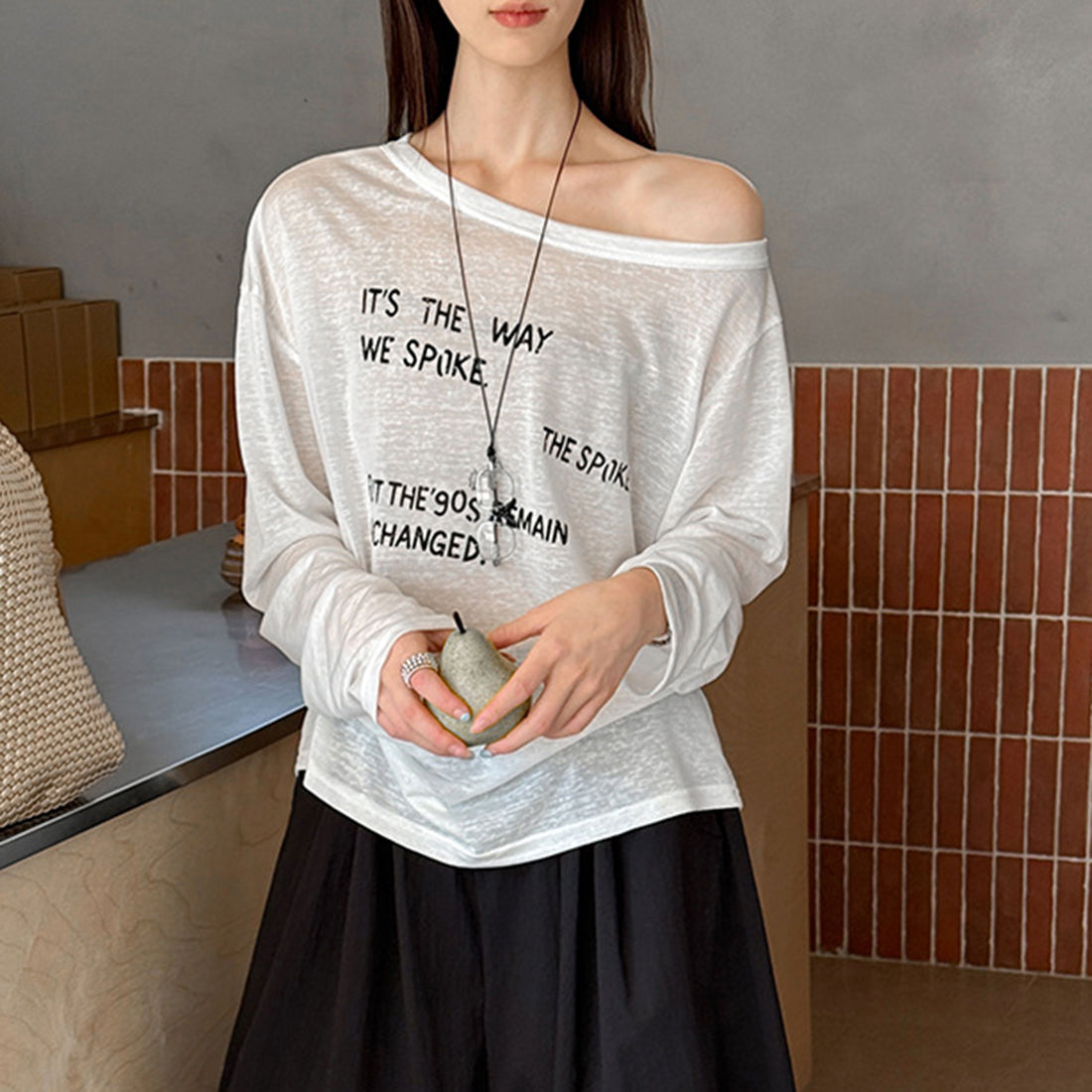 Women’s Off-Shoulder Letter Print Sheer Long-Sleeve Top