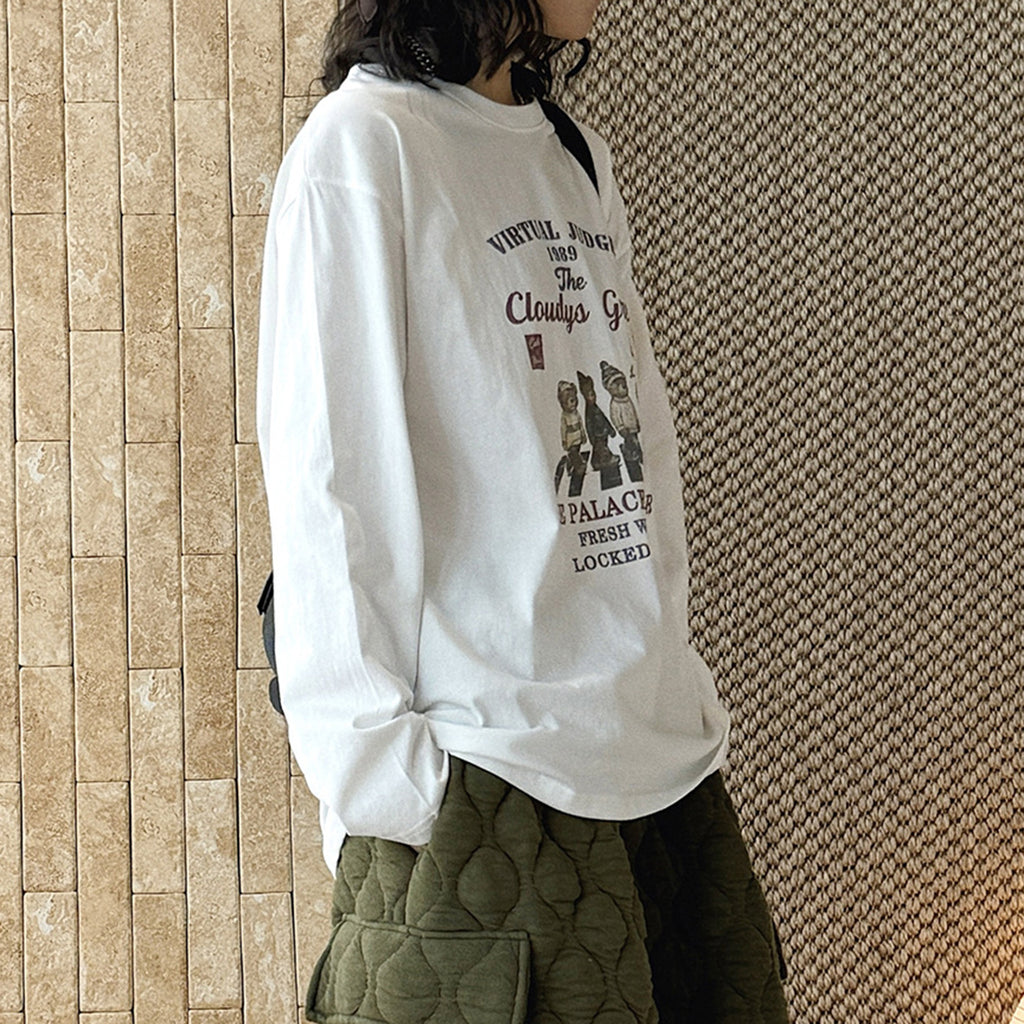 Retro teddy bear letter printed loose long sleeved T-shirt