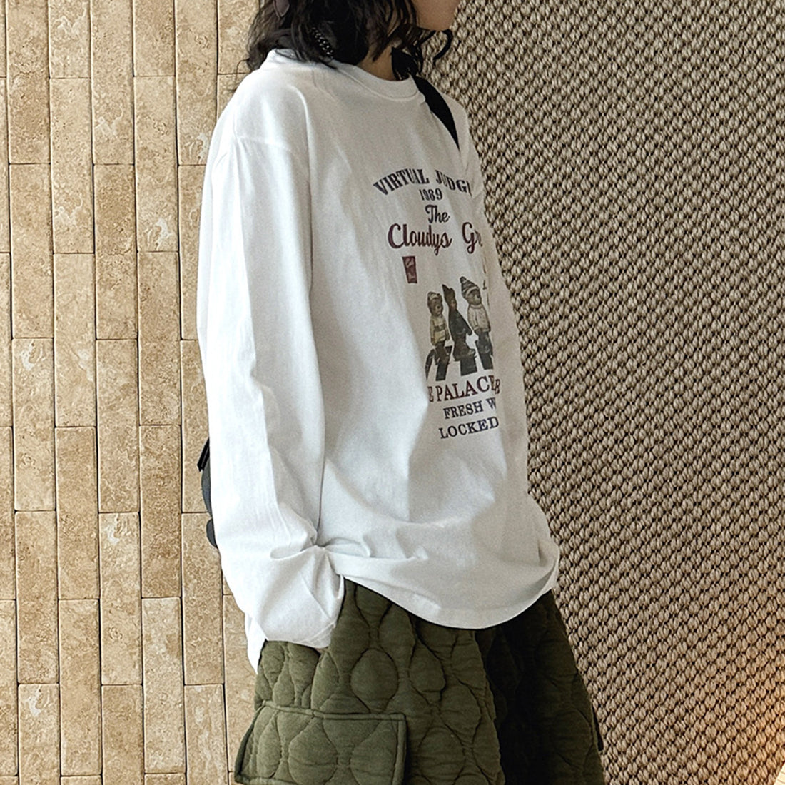 Retro teddy bear letter printed loose long sleeved T-shirt