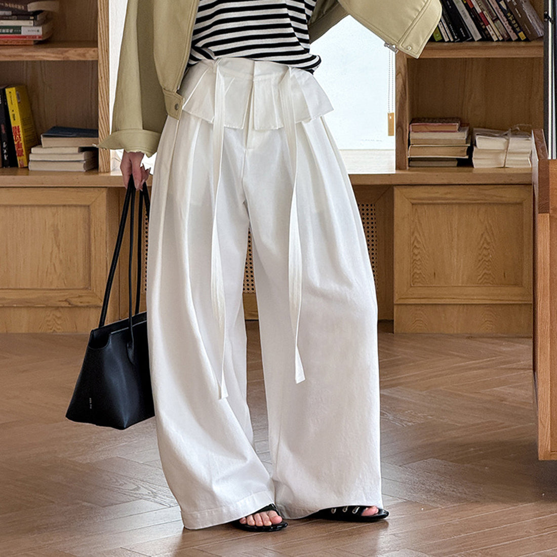 High waist pleated wide leg pants women loose drape trousers with tie waist