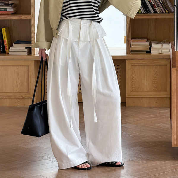 High waist pleated wide leg pants women loose drape trousers with tie waist
