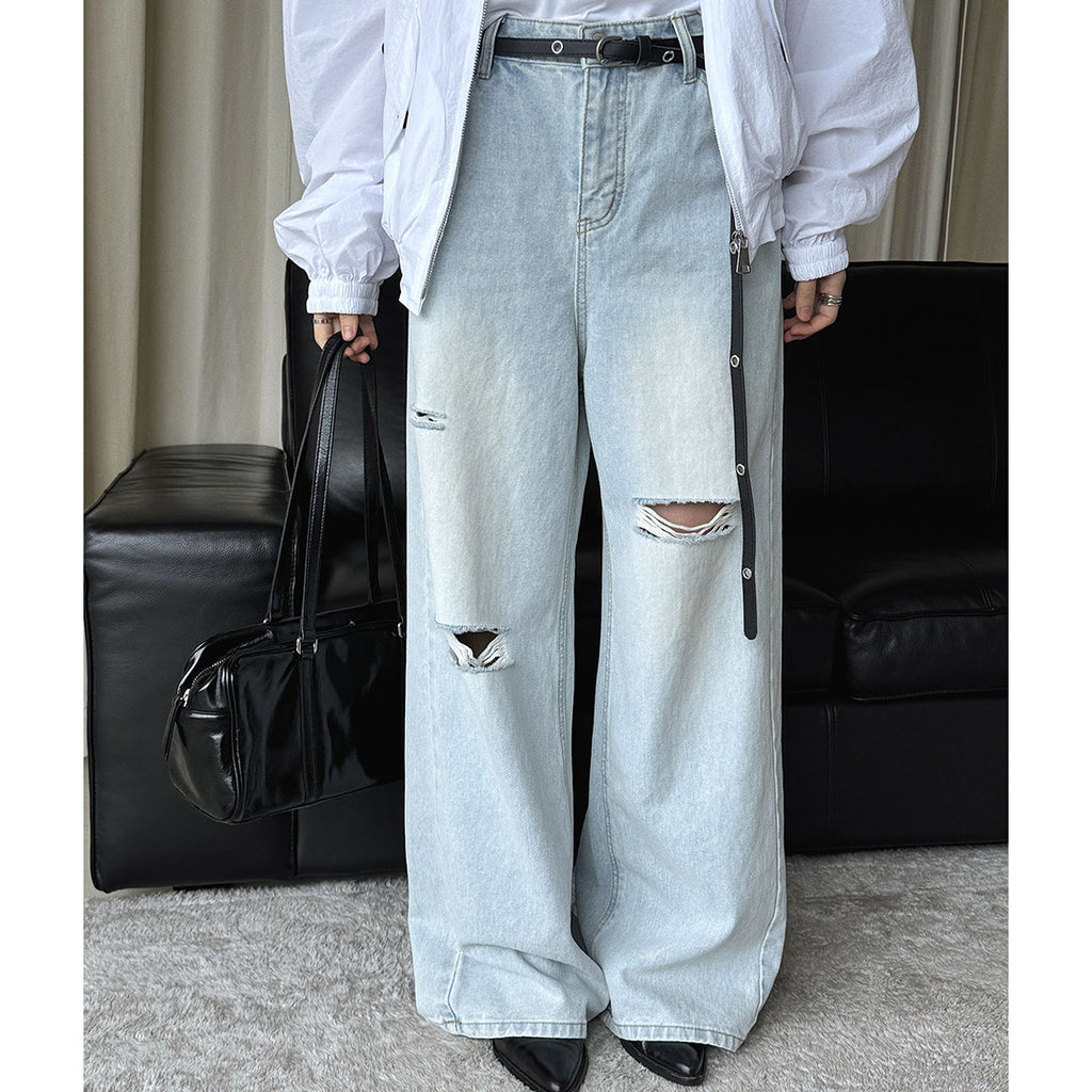 High waisted washed ripped straight leg jeans