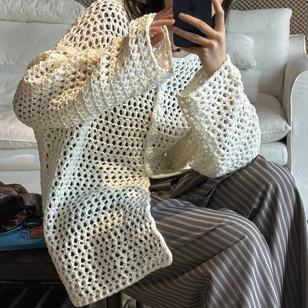 Large mesh hollow knitted cardigan loose top