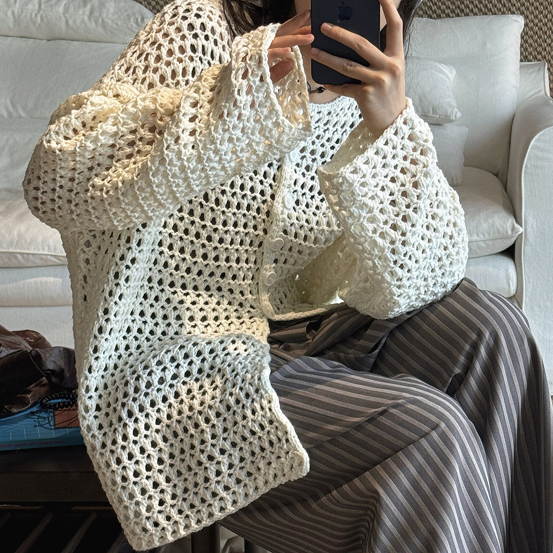 Large mesh hollow knitted cardigan loose top