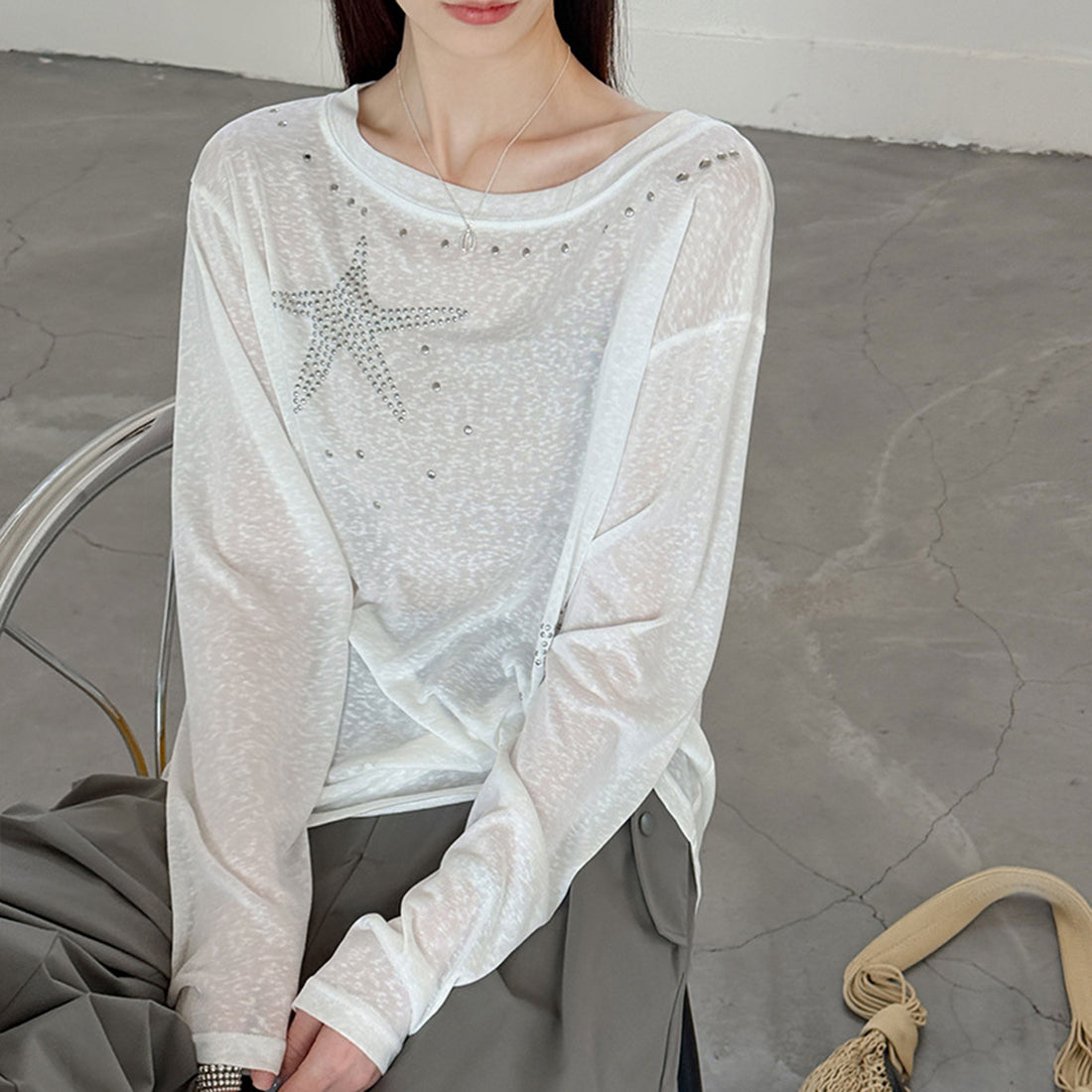 Women’s Star Rhinestone Off-Shoulder Sheer Long-Sleeve Top