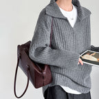 Flip collar knitted lazy V-neck sweater with belt