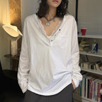 Loose fit v neck long sleeve button shirt top