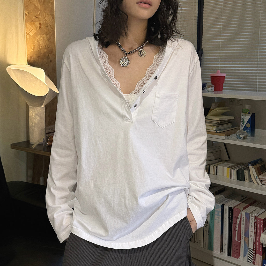 Loose fit v neck long sleeve button shirt top