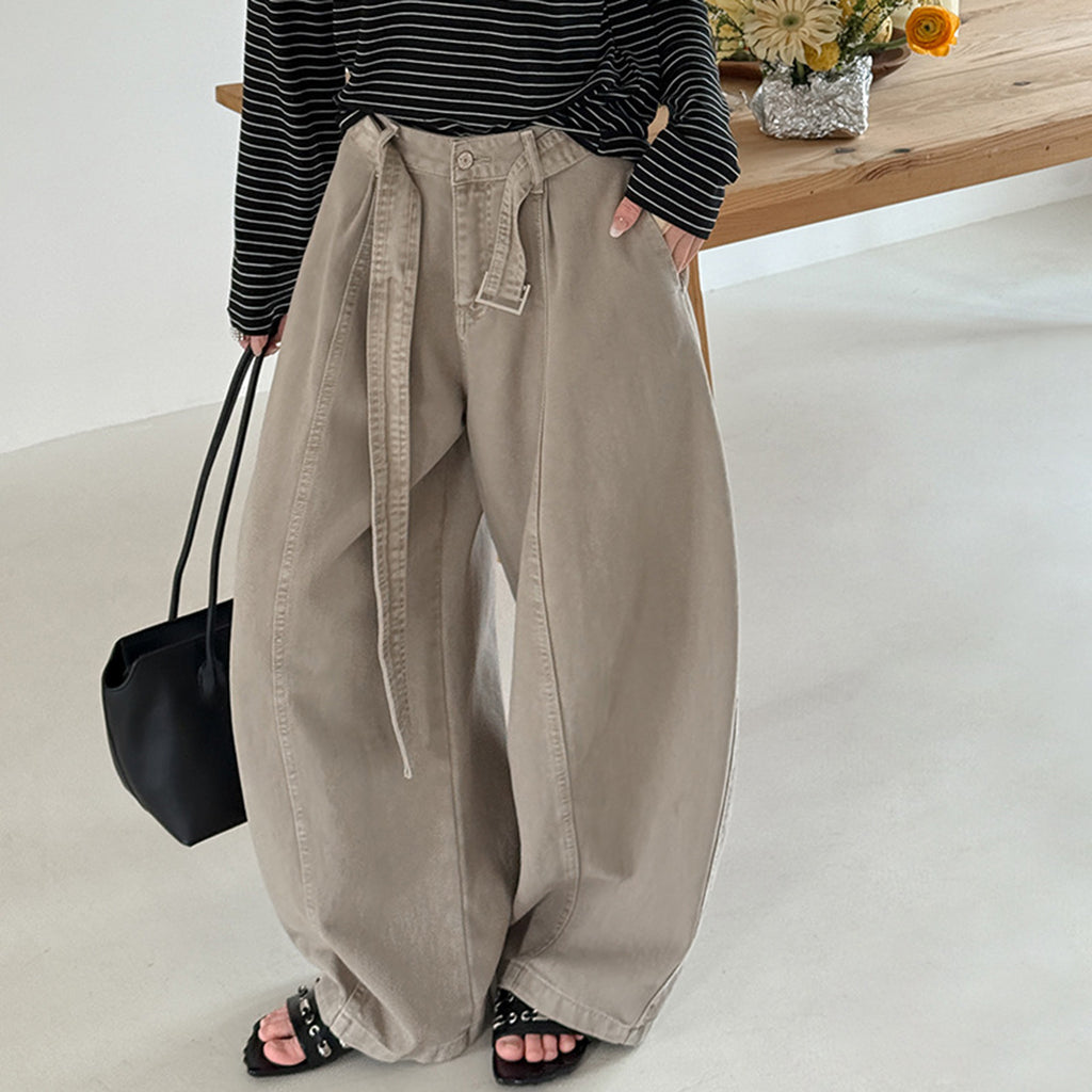High waist wide leg pants women loose casual trousers with belt cotton