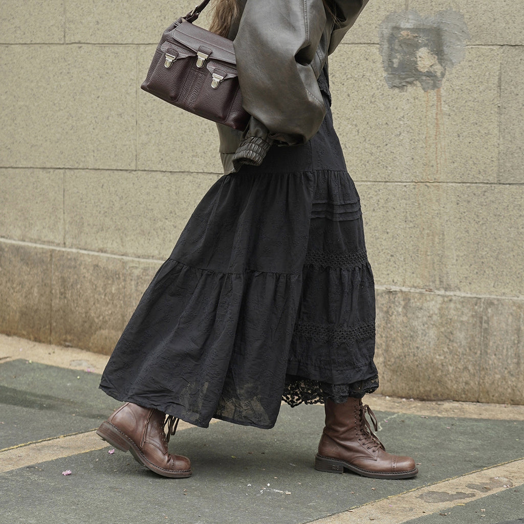 French retro patchwork floral lace skirt A-line long skirt