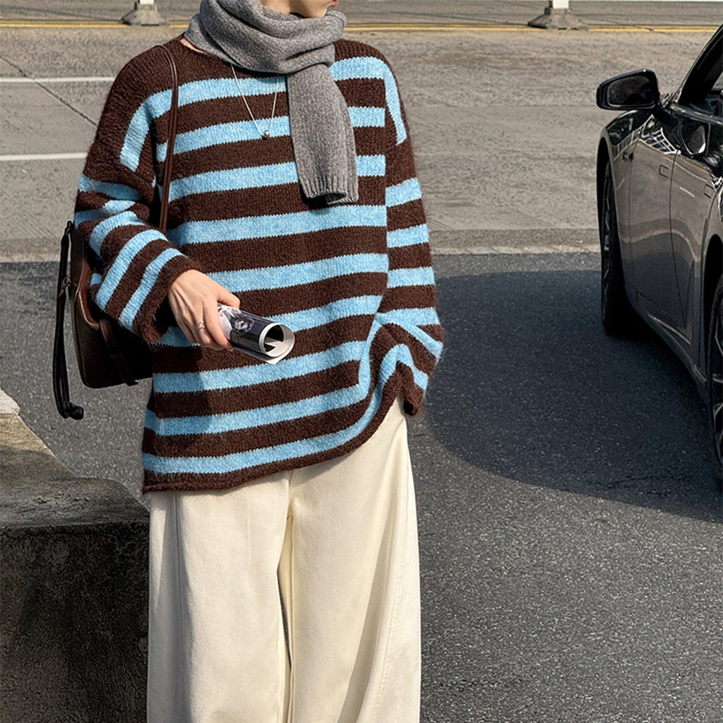 Striped Colorblock Long Sleeve Crewneck Sweater