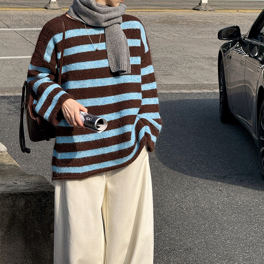 Striped Colorblock Long Sleeve Crewneck Sweater