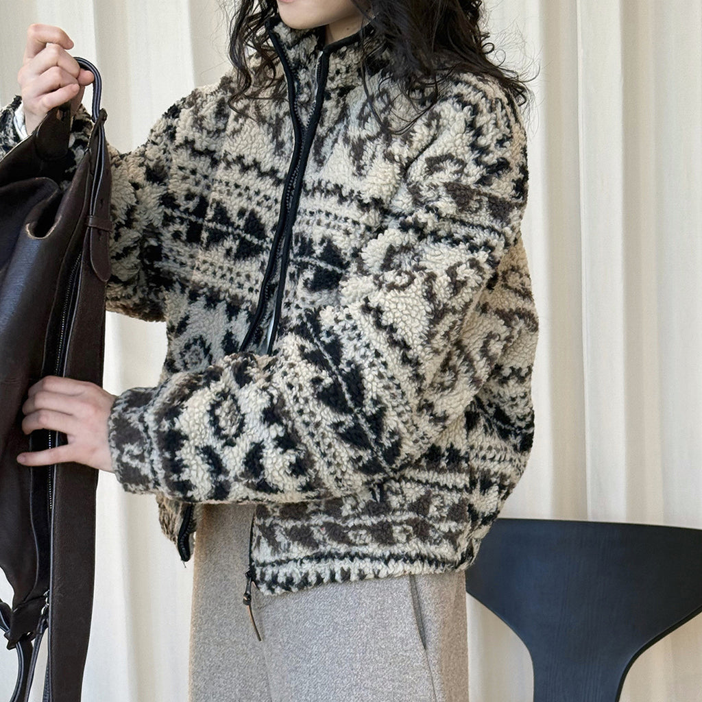 Retro Rolled Leaf Jacquard Lamb Fur Stand-Up Collar Thermal Fluffy Thick Coat