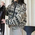 Retro Rolled Leaf Jacquard Lamb Fur Stand-Up Collar Thermal Fluffy Thick Coat