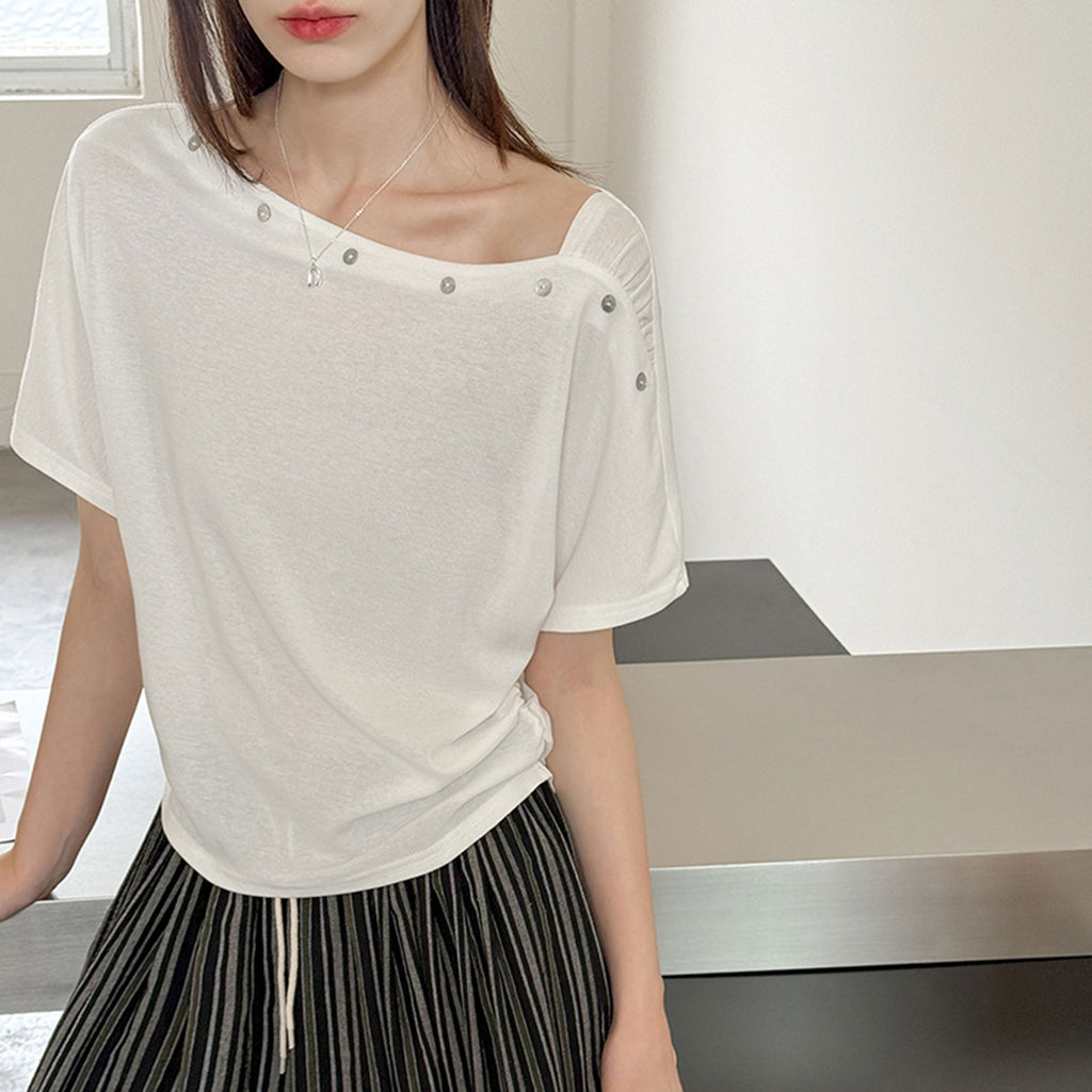 Women’s Asymmetrical Button-Shoulder Short-Sleeve T-Shirt