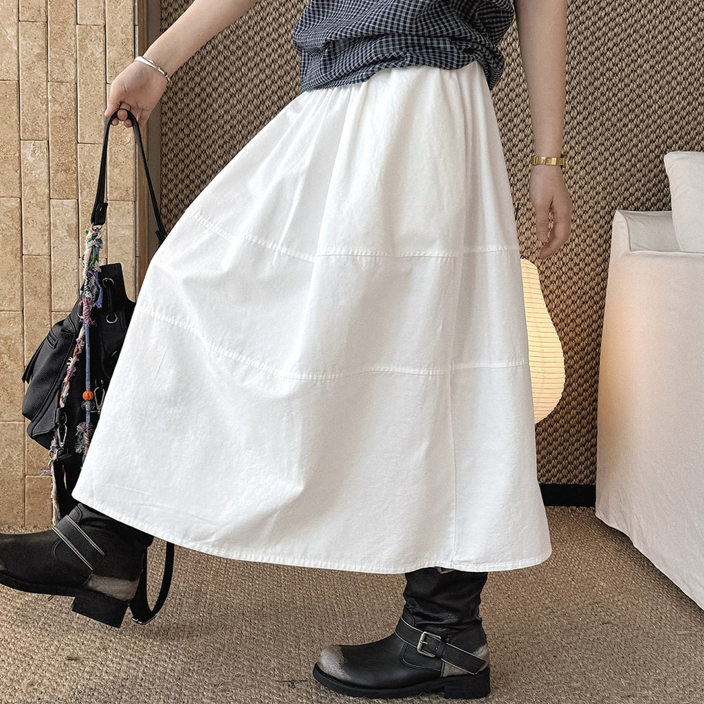 long skirt high waist elastic waist cotton a line midi skirt loose casual solid color skirt