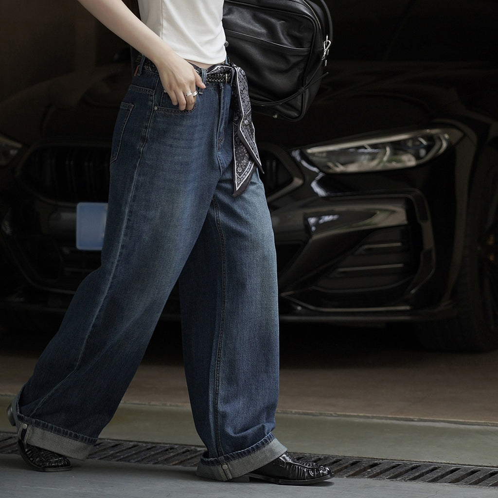 Retro loose wide leg jeans with scarf belt
