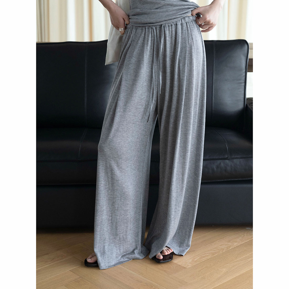 Elastic drawstring loose wide leg pants