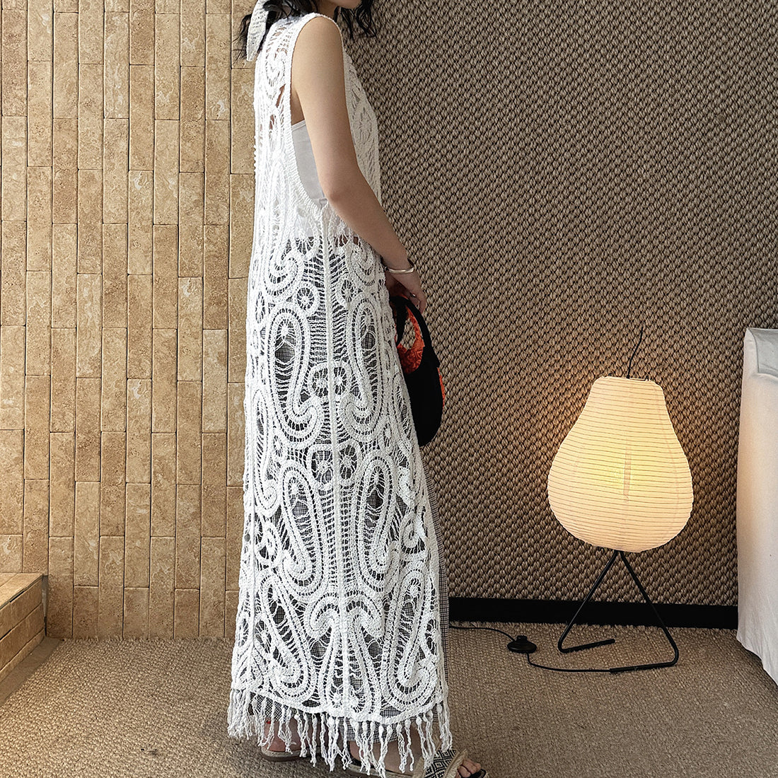 sleeveless long vest lace knit cardigan v neck button down hollow out lightweight layering top