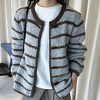 Retro striped horn button plush knitted cardigan top