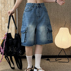 cargo denim bermuda shorts high waist loose fit wide leg washed jeans