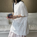 embroidered eyelet blouse loose fit cotton short sleeve lace top hollow out shirt