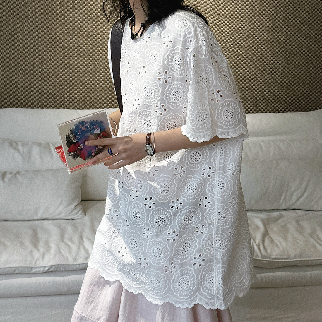 embroidered eyelet blouse loose fit cotton short sleeve lace top hollow out shirt