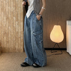 American style spliced large pocket loose wide leg jeans