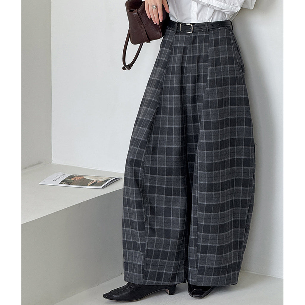 High waisted casual loose plaid wide leg pants