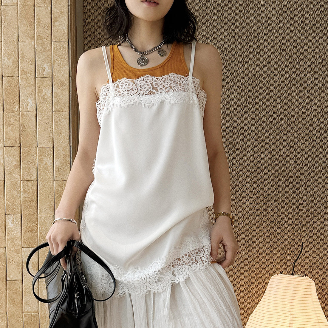 Lace trim cami top with silky stretch fabric for layering or solo wear