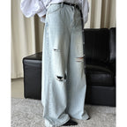 High waisted washed ripped straight leg jeans