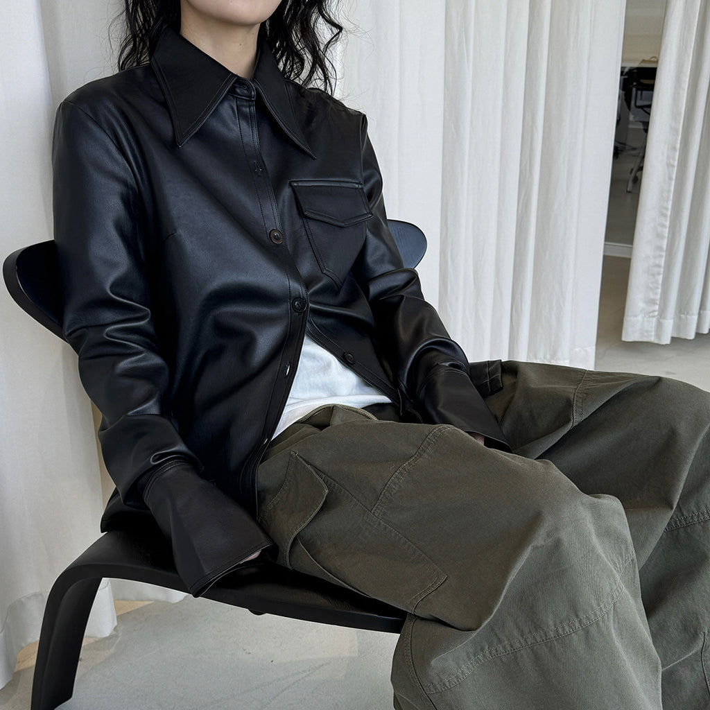 Big collar PU leather button jacket top